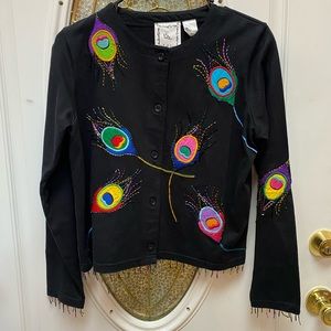 Vintage Michael Simon Beaded Peacock Feather Cardigan